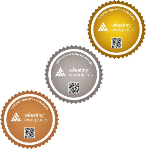 De drie Whealthy Workplace labels, van rechtsboven naar linksonder: goud, zilver, brons