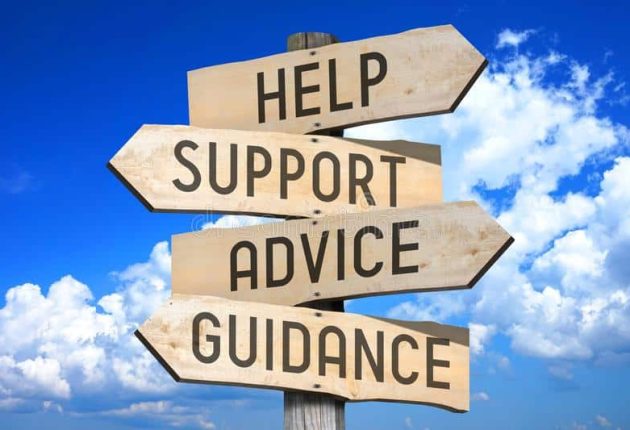 customer-support-wooden-signpost-four-arrows-help-advice-guidance-sky-background-82273934